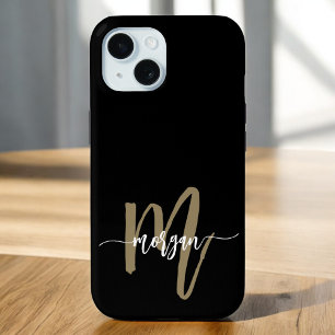 Black Gold Modern Script Girly Monogram Name iPhone 15 Case