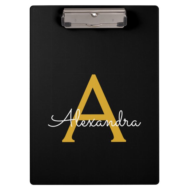 Black Gold Modern Script Girly Monogram Name Clipboard (Front)