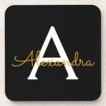 Black Gold Modern Script Girly Monogram Name Coaster<br><div class="desc">Black and Gold Simple Script Monogram Name Paper Coasters. This makes the perfect graduation,  birthday,  wedding,  bridal shower,  anniversary,  baby shower or bachelorette party gift for someone that loves glam luxury and chic styles.</div>