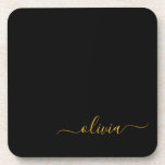 Black Gold Modern Script Girly Monogram Name Coaster<br><div class="desc">Black and Gold Simple Script Monogram Name Paper Coasters. This makes the perfect graduation,  birthday,  wedding,  bridal shower,  anniversary,  baby shower or bachelorette party gift for someone that loves glam luxury and chic styles.</div>