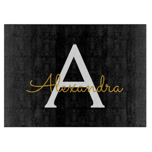 Black Gold Modern Script Girly Monogram Name Cutting Board (Front)