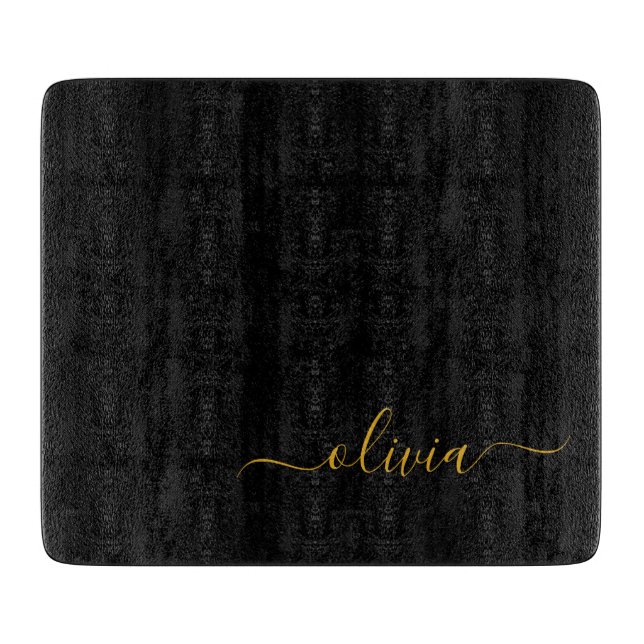 Black Gold Modern Script Girly Monogram Name Cutting Board (Front)