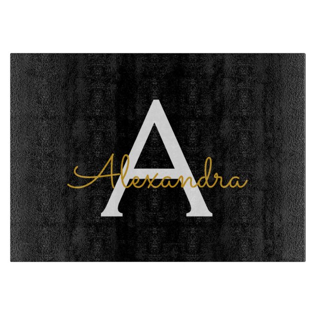 Black Gold Modern Script Girly Monogram Name Cutting Board (Front)