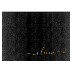 Black Gold Modern Script Girly Monogram Name Cutting Board