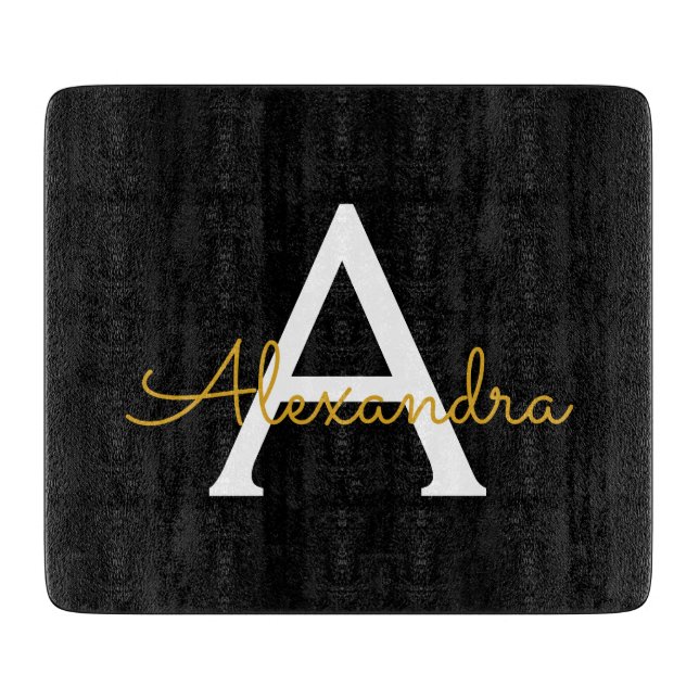 Black Gold Modern Script Girly Monogram Name Cutting Board (Front)