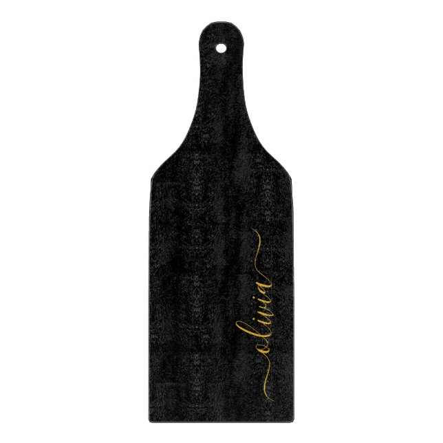 Black Gold Modern Script Girly Monogram Name Cutting Board (Front)
