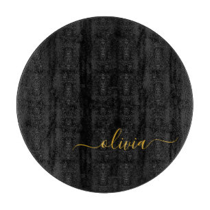 Black Gold Modern Script Girly Monogram Name Cutting Board