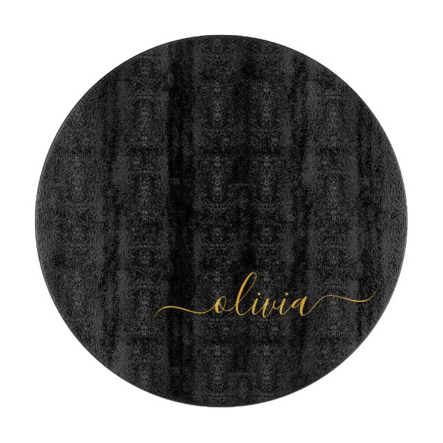 Black Gold Modern Script Girly Monogram Name Cutting Board (Front)