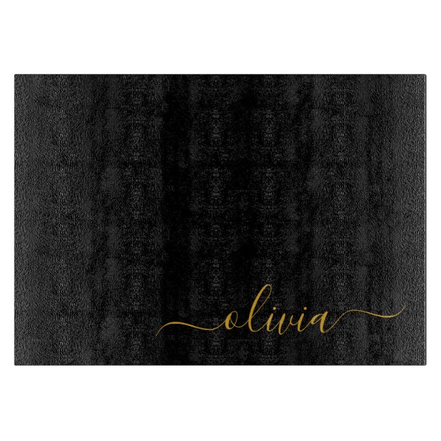 Black Gold Modern Script Girly Monogram Name Cutting Board (Front)