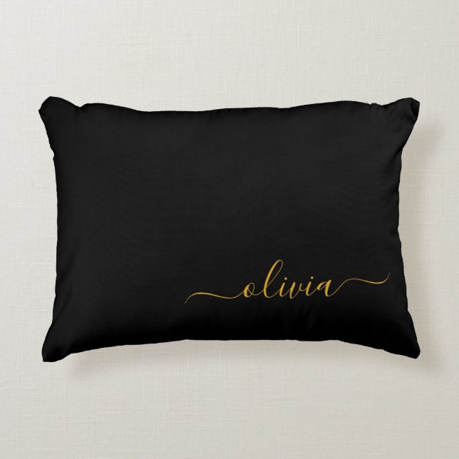 Black Gold Modern Script Girly Monogram Name Decorative Cushion (Front)
