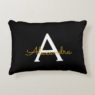 Black Gold Modern Script Girly Monogram Name Decorative Cushion