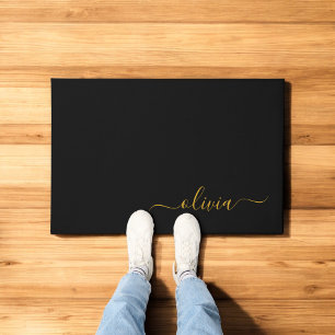 Black Gold Modern Script Girly Monogram Name Doormat