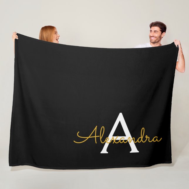 Black Gold Modern Script Girly Monogram Name Fleece Blanket (In Situ)