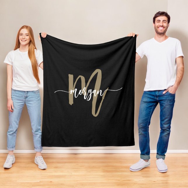 Black Gold Modern Script Girly Monogram Name Fleece Blanket (Creator Uploaded)