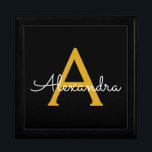Black Gold Modern Script Girly Monogram Name Gift Box<br><div class="desc">Black and Gold Simple script Monogram Name Jewellery Keepsake Box. This makes the perfect graduation,  birthday,  wedding,  bridal shower,  anniversary,  baby shower or bachelorette party gift for someone that loves glam luxury and chic styles.</div>