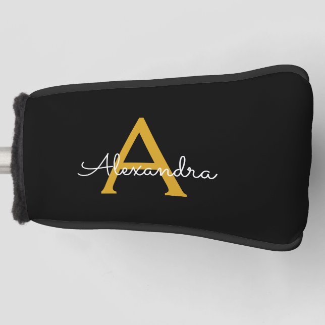Black Gold Modern Script Girly Monogram Name Golf Head Cover (Front)
