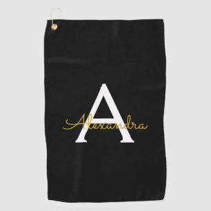 Black Gold Modern Script Girly Monogram Name Golf Towel