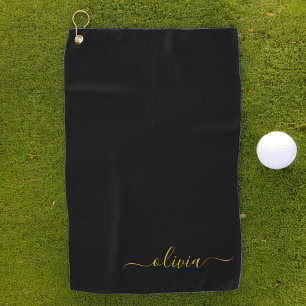 Black Gold Modern Script Girly Monogram Name Golf Towel