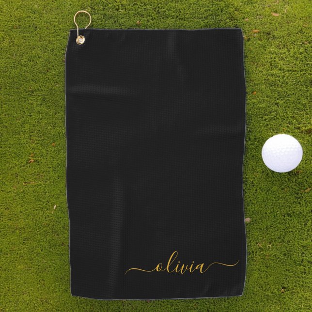 Black Gold Modern Script Girly Monogram Name Golf Towel (Creator Uploaded)