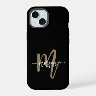 Black Gold Modern Script Girly Monogram Name iPhone 15 Case