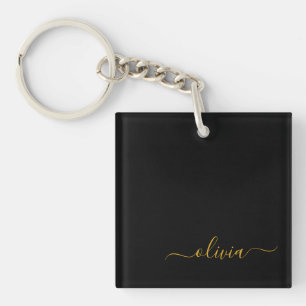 Black Gold Modern Script Girly Monogram Name Key Ring
