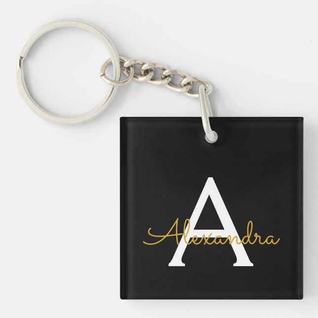 Black Gold Modern Script Girly Monogram Name Key Ring (Front)