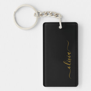 Black Gold Modern Script Girly Monogram Name Key Ring