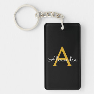 Black Gold Modern Script Girly Monogram Name Key Ring
