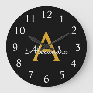 Black Gold Modern Script Girly Monogram Name Large Clock
