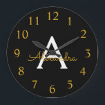 Black Gold Modern Script Girly Monogram Name Large Clock<br><div class="desc">Black and Gold Simple Script Monogram Name Clock. This makes the perfect sweet 16 birthday,  wedding,  bridal shower,  anniversary,  baby shower or bachelorette party gift for someone that loves glam luxury and chic styles.</div>