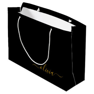 Black Gold Modern Script Girly Monogram Name Large Gift Bag