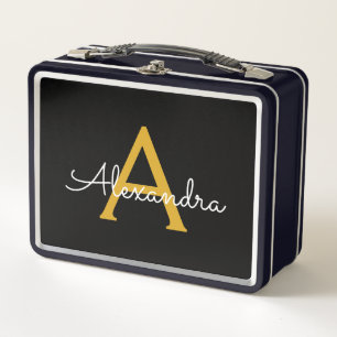Black Gold Modern Script Girly Monogram Name Metal Lunch Box