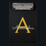 Black Gold Modern Script Girly Monogram Name Mini Clipboard<br><div class="desc">Black and Gold Name Planning Clipboard. This makes the perfect sweet 16 birthday,  wedding,  bridal shower,  anniversary,  baby shower or bachelorette party gift for someone that loves glam luxury and chic styles.</div>