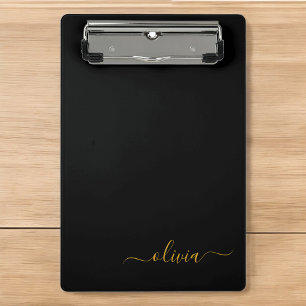 Black Gold Modern Script Girly Monogram Name Mini Clipboard