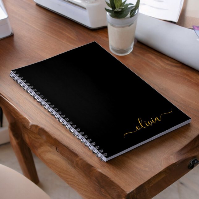 Black Gold Modern Script Girly Monogram Name Notebook (Creator Uploaded)