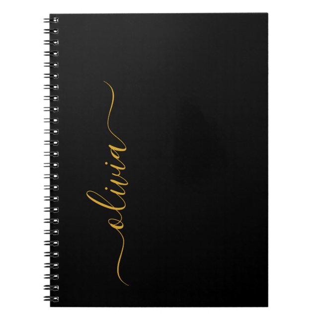 Black Gold Modern Script Girly Monogram Name Notebook (Front)
