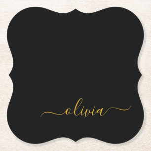 Black Gold Modern Script Girly Monogram Name Paper Coaster