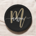 Black Gold Modern Script Girly Monogram Name Paper Plate<br><div class="desc">Make your event extra special with Black and Gold Modern Script Girly Monogram Name Paper Plates. Featuring a sleek black design and a bold gold monogram in a modern script font, these plates are the perfect blend of elegance and functionality. Whether you're hosting a birthday party, wedding reception, or celebration,...</div>