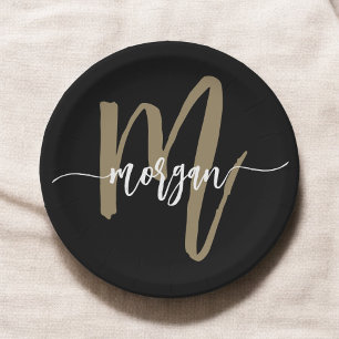 Black Gold Modern Script Girly Monogram Name Paper Plate