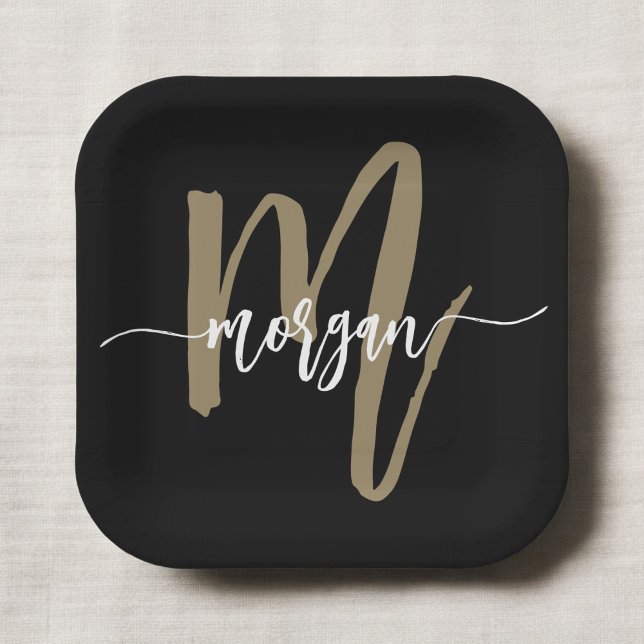 Black Gold Modern Script Girly Monogram Name Paper Plate (Creator Uploaded)