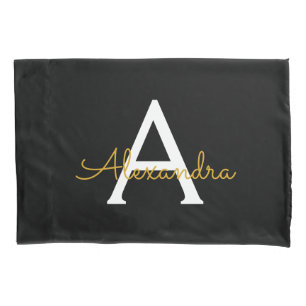 Black Gold Modern Script Girly Monogram Name Pillowcase