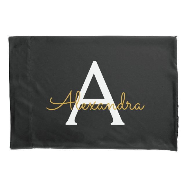Black Gold Modern Script Girly Monogram Name Pillowcase (Front)