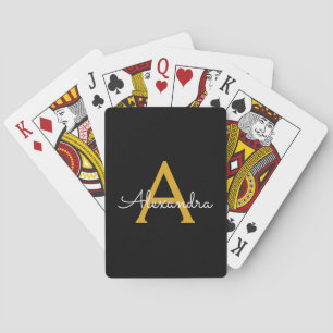 Black Gold Modern Script Girly Monogram Name Playing Cards