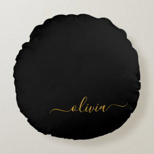 Black Gold Modern Script Girly Monogram Name Round Cushion