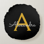 Black Gold Modern Script Girly Monogram Name Round Cushion<br><div class="desc">Black and Gold Simple Script Monogram Name Pouf Pillow. The pillow makes the perfect sweet 16 birthday,  wedding,  bridal shower,  baby shower or bachelorette party gift for someone decorating her room in rose gold.</div>