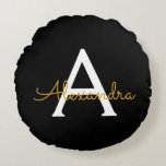 Black Gold Modern Script Girly Monogram Name Round Cushion<br><div class="desc">Black and Gold Simple Script Monogram Name Pouf Pillow. The pillow makes the perfect sweet 16 birthday,  wedding,  bridal shower,  baby shower or bachelorette party gift for someone decorating her room in rose gold.</div>