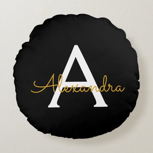 Black Gold Modern Script Girly Monogram Name Round Cushion (Front)