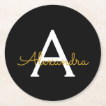 Black Gold Modern Script Girly Monogram Name Round Paper Coaster<br><div class="desc">Black and Gold Simple Script Monogram Name Paper Coasters. This makes the perfect graduation,  birthday,  wedding,  bridal shower,  anniversary,  baby shower or bachelorette party gift for someone that loves glam luxury and chic styles.</div>