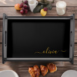 Black Gold Modern Script Girly Monogram Name Serving Tray<br><div class="desc">Black and Gold Simple Script Monogram Name Place Serving Tray. This makes the perfect graduation,  birthday,  wedding,  bridal shower,  anniversary,  baby shower or bachelorette party gift for someone that loves glam luxury and chic styles.</div>
