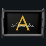 Black Gold Modern Script Girly Monogram Name Serving Tray<br><div class="desc">Black and Gold Simple Script Monogram Name Place Serving Tray. This makes the perfect graduation,  birthday,  wedding,  bridal shower,  anniversary,  baby shower or bachelorette party gift for someone that loves glam luxury and chic styles.</div>